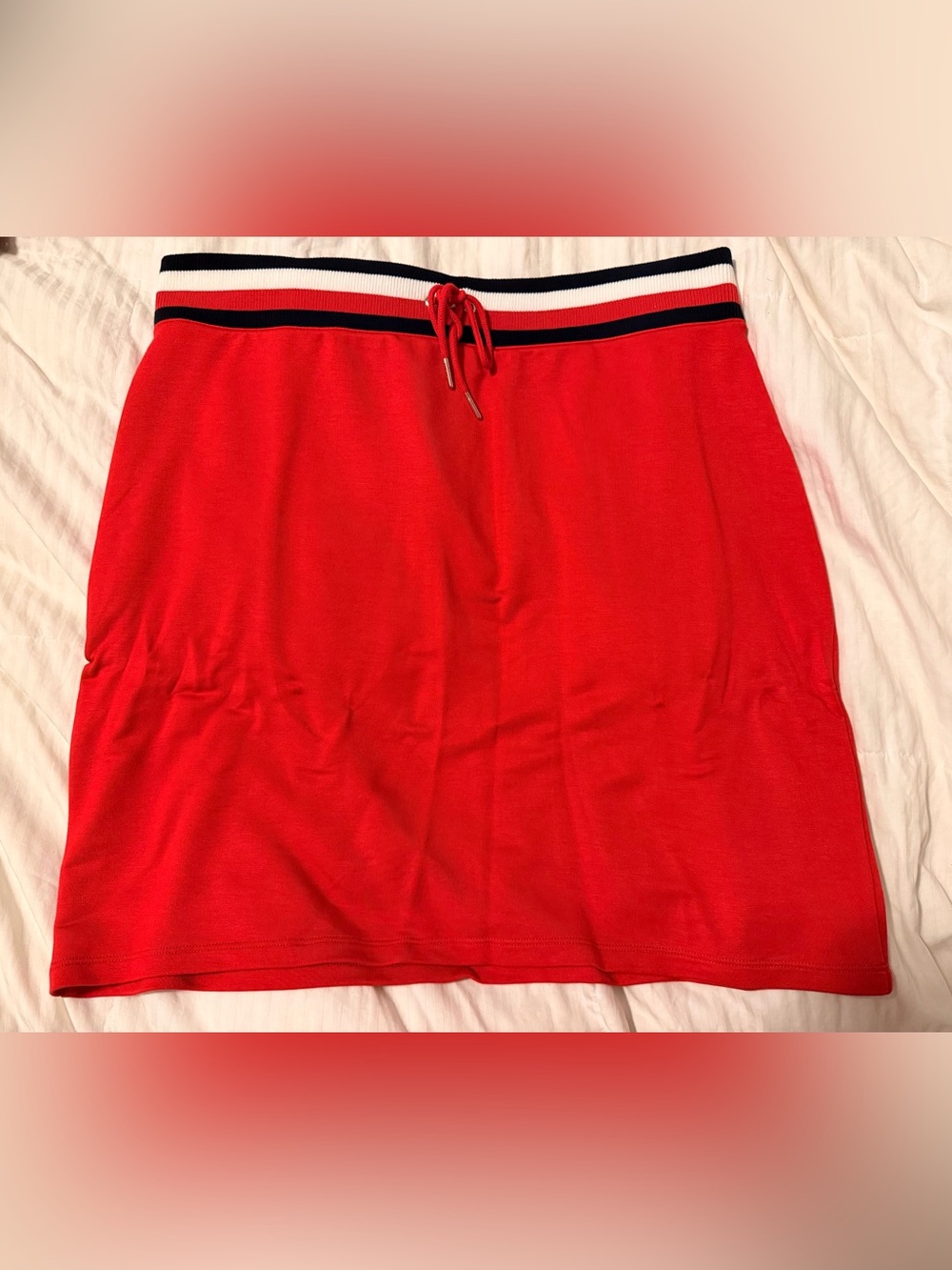 Tommy Hilfiger Red Knit Drawstring Waist Mini Skirt with Striped Waistband